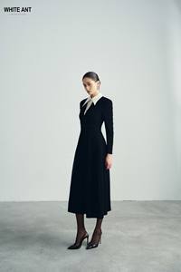 ROBE MIDI ANDREA 100% Polyester Robe longue évasée noire de haute qualité avec col Robes décontractées WHITE ANT Fabricant - Product Image 5