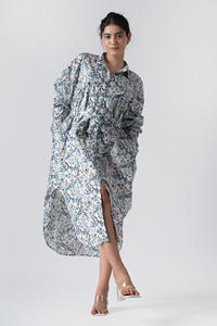 Vestido Floral ecológico de verano para mujer, azul abeto, bloque de mano, estampado plisado, técnica 100% algodón, cómodo, transpirable - Product Image 2