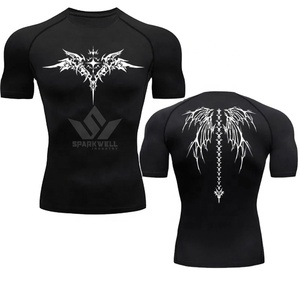 T-shirt sportif blanc à manches courtes et col rond pour homme, coupe ajustée, avec imprimé ailes tribales noires, en tissu jersey à séchage rapide - Product Image 3