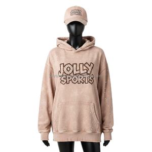 Sweat à capuche délavé au soleil pour femme, 320 GSM, mélange de coton premium, beige doux, poche kangourou, logo personnalisé en strass, style décontracté, lavage, sweat à capuche - Product Image 1