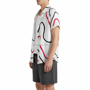 ชุดเซ็ตเสื้อผ้าผู้ชายพิมพ์ลายตามสั่ง OEM - ลายคลื่นสีขาว แดง ดำ ชุดฤดูร้อน 2 ชิ้น - Product Image 4