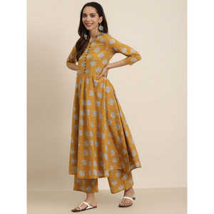 Ensemble Kurta Droit en Coton Imprimé Floral Moutarde pour Femmes avec Palazzo 48 Pouces Vêtements Printemps/Été - Product Image 3