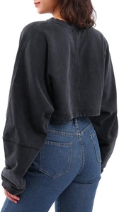 Sudadera Corta con Capucha para Hombre, Efecto Desgastado por el Sol, Lavado Ácido, Bajo sin Rematar, Apliques, Parches Bordados, Estilo Vintage, 100% Algodón - Product Image 3