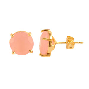 Pendiente de tuerca de Calcedonia Rosa facetado redondo de 10mm, hecho a mano, Juego de puntas chapadas en oro de 24k, joyería geométrica para mujer - Product Image 1