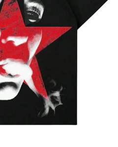 T-shirt en coton noir surdimensionné avec imprimé visage d'étoile rouge, streetwear, tee-shirt unisexe, décontracté, mode estivale, haut vintage, style à porter - Product Image 6