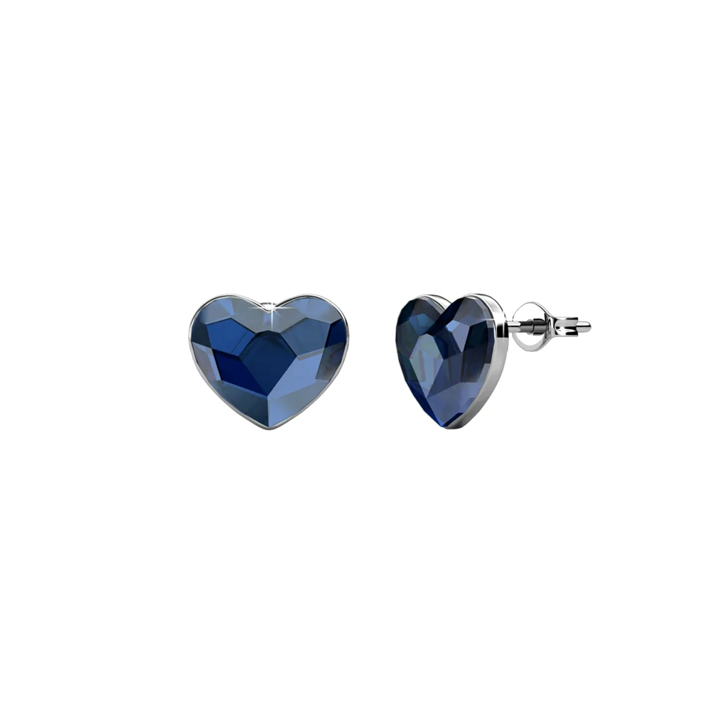Brass With 18k WG Plated Blue Heart Crystal Stud Earrings