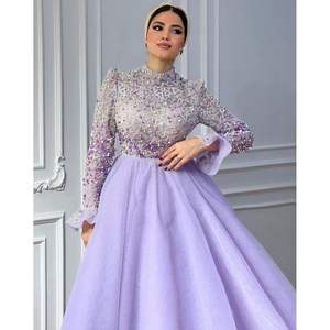 Vestido de Gala Color Lavanda con Cintura Imperio, Mangas Cortas, Decoración de Pedrería Brillante, Escote Corazón, Talla XS, para Fiestas y Eventos Nocturnos - Product Image 2