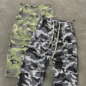 Custom Vintage Wide <b>Leg</b> Oversize Baggy Flared <b>Pants</b> Camouflage Multi Pockets Rhinestone Crystal Camo Cargo <b>Pants</b> Men - Product Image 1