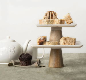 100% support à gâteau en bois naturel et marbre vaisselle de table à 2 niveaux fabricant d'utilisation fêtes de mariage à domicile utilisées - Product Image 1