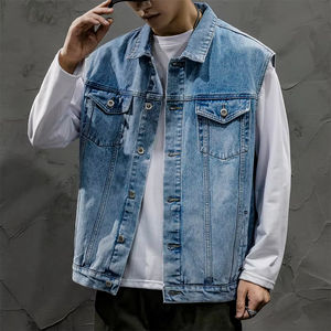 Premium Denim Screen Print logo Chaleco de gran tamaño Casual Turn down Collar Transpirable Vintage Chaquetas sin mangas Hombres - Product Image 5