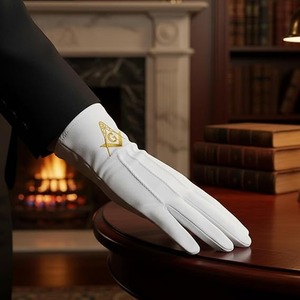 Gold Square & Compass Masonic Embroidered Cotton Gloves - [<b>White</b>] One Size Fits Most Perfect for Your Ceremonial Needs - Product Image 3