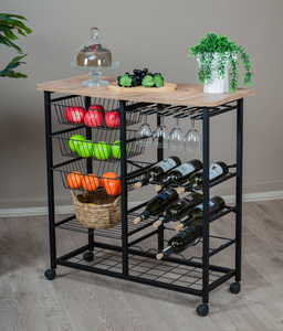 Carrito de Almacenamiento Rodante para Cocina con Estante para Vino, Carro Metálico Multiusos con Superficie de Madera, Organizador Multifuncional 60x40x30cm - Product Image 3