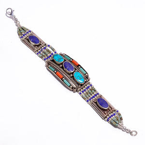 Bracelet de pierres précieuses Lapis corail turquoise naturel, Bracelet antique népalais en argent tibétain, fournisseur de bijoux vintage, bijoux fins - Product Image 4