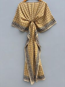 Fait à la main indien coton Bagru Caftan parole longueur taille naturelle jaune imprimé fleuri été formelle fête porter robe ethnique - Product Image 6