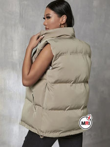 Women's Lightweight Cotton Puffer <b>Waistcoat</b> Breathable Canvas Winter Jacket with Stand Collar Button Decoration for Outer Wear - Product Image 2