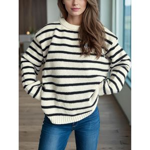 Maglione Casual da Donna a Righe con Collo Tondo e Maniche Lunghe, Design alla Moda Coreana con Logo Frontale, Traspirante per la Stagione Autunno/Inverno - Product Image 1