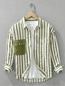 เสื้อเชิ้ตลายทางแนวตั้งสำหรับผู้ชาย, เสื้อเชิ้ตวินเทจแขนยาวบางทรงหลวมคอปกพับลงเสื้อวินเทจสำหรับฤดูใบไม้ผลิ - Product Image 3