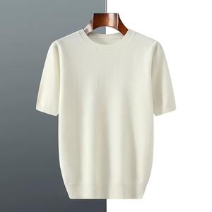 Suéter de punto de lana con cuello redondo para hombre, suéter de manga corta holgado, camiseta de media manga de Color sólido, Primavera/Verano 2025 - Product Image 4