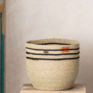 Panier à linge en jonc de mer tressé avec rayures noires, panier de rangement multifonctionnel pour la maison et le salon - Product Image 1