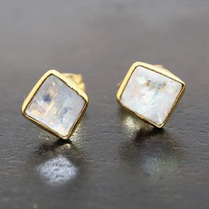 Classic Natural White Rainbow Moonstone Fancy Shape 7MM 24k Gold Plated Bezel <b>Stud</b> <b>Earrings</b> For <b>Girls</b> Women Wholesale Jewelry - Product Image 4