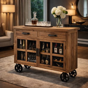 Comptoir de bar en bois massif industriel avec roulettes |   Ensemble de meubles de bar pour usage commercial dans les restaurants, les cafés et à domicile, design moderne - Product Image 1