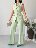 Ensemble tailleur pantalon long à jambes larges avec gilet blazer sans manches en toile de laine/nylon vert menthe vintage et ceinture appliquée pour femme