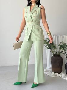 Women's Mint Green Sleeveless <b>Blazer</b> Vest With Belt And Wide Leg Trousers Elegant 2 Piece Suit <b>Set</b> Solid Color Satin Fabric - Product Image 5