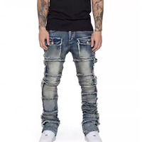 Yeni yığılmış Denim kargo kot erkekler için Biker stil cep yamalar ile yıkanmış ve ağır dantelli tarzı fabrikadan doğrudan