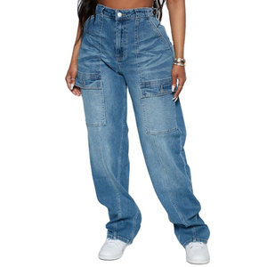 Gran oferta, pantalones vaqueros informales con cuatro bolsillos para mujer, pantalones Cargo para mujer, pantalones de cintura alta, pantalones vaqueros de pierna ancha para mujer, logotipo personalizado - Product Image 6