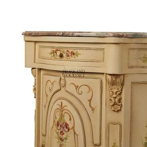 Meuble à chaussures de luxe de style français en crème avec dessus en marbre orné, art floral peint à la main et accents dorés pour entrée de palais - Product Image 6