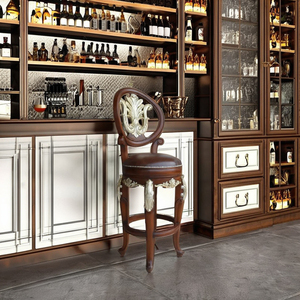 Chaise de bar pivotante réglable en hauteur, en bois de mahogany massif sculpté à la main, style antique traditionnel, revêtement en cuir, garantie de 2 ans - Product Image 1