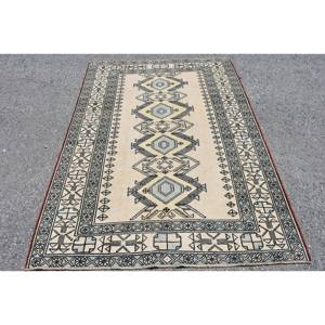 Traditional Beige <b>Black</b> Patchwork Wool <b>Rug</b> 4.6 X 6.4 ft Handmade Turkish Rectangle Hallway for Living Room Bedside <b>Rugs</b> Latex - Product Image 1