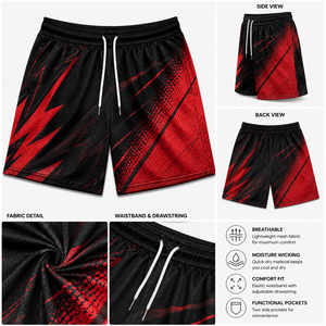 Shorts de basketball premium rouges tissés en maille respirante pour performance athlétique, avec motif graphique Bold Energy Strike, légers et à séchage rapide - Product Image 2