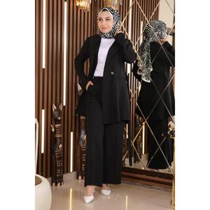 MSW19106-1 Ensemble décontracté noir avec détail ceinture, hauts mi-longs à col rond et manches longues, 100% polyester - Product Image 1