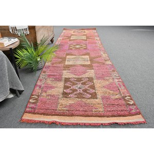 Vintage Turkish Kilim Rug 2.9 X 11ft Pink <b>Brown</b> Patchwork Design Flat Weave <b>Wool</b> with Latex Backing for Hallway Rectangle Space - Product Image 4