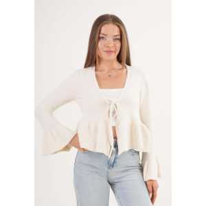 Cardigan blanc cassé pour femme avec détail volanté à nouer sur le devant – Vente en gros - Product Image 3