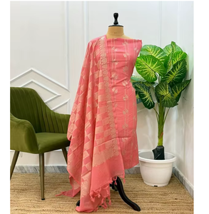 Conjunto de 3 Piezas de Seda Banarasi Pam de Diseño Tradicional Premium Sin Costuras para Mujer, Ropa Étnica para Fiestas, Festivales y Bodas, Secado Rápido, Protección Solar - Product Image 1