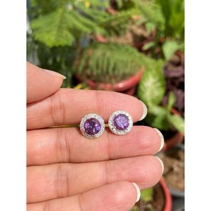 925 Silver Round <b>Amethyst</b> <b>Stud</b> <b>Earrings</b> with Bezel Setting Romantic Trendy Geometric Design for Wedding Engagement or Party - Product Image 1