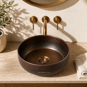 DIVRIS Évier en cuivre martelé fait main, rond, à cuve unique, à poser sur comptoir, finition mate rustique, épaisseur 1,0-1,2 mm, DRC-2024 - Product Image 2