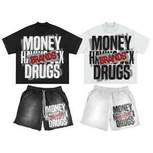 Conjunto de pantalones cortos de dos piezas para hombre con camiseta y pantalones cortos 100% algodón Color sólido ropa de verano para entrenamiento deportivo Fitness - Product Image 5