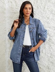 Vestes en jean pour femmes, tendance, manches longues, boutonnée, veste chemise en jean, shacket avec poche, veste de travail western - Product Image 4