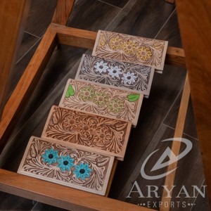 Long portefeuille en cuir sculpté usiné à la main pour hommes Style occidental Offre Spéciale mode élégant fleur verte porte-monnaie cadeau pour lui - Product Image 4