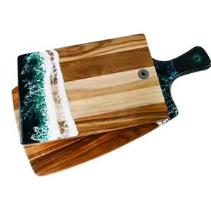 Tabla de Cortar 2 en 1 de Madera de Acacia y Duradera con Diseño de Olas del Océano, Bloque de Cortar con Mango, Elegante Madera de Teca - Product Image 5