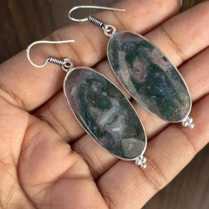 Vente flash Boucles d'oreilles pendantes en argent plaqué style bohème avec agate mousse, bijoux en pierres précieuses naturelles pour les fêtes féminines - Product Image 2