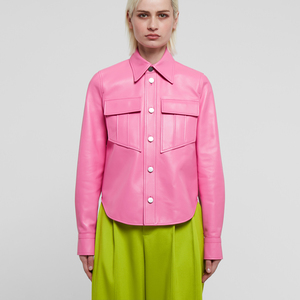 Dernière mode de robe chemise en cuir pour femme couleur rose finition brillante avec bouton à l'avant tenue décontractée élégante pour la fête ou la soirée - Product Image 1