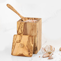 Boîtes à épices rondes rustiques ArtisRaw en bois d'olivier tunisien sculpté à la main avec couvercle relevable et cuillère – Rangement de cuisine en bois de qualité supérieure