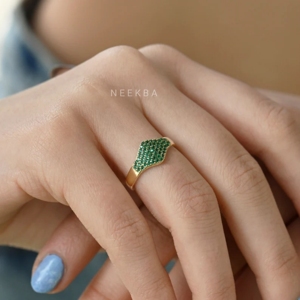 Emerald Flat Pave Signet <b>Ring</b> Women's 925 Sterling <b>Silver</b> <b>Statement</b> <b>Ring</b> Emerald Pinky <b>Ring</b> Dainty Round Shape lab Grown Emerald - Product Image 4