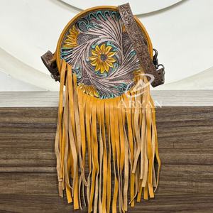 Bolsos cruzados con flecos redondos de cuero genuino con herramientas manuales de estilo occidental de girasol para mujer, bolsos circulares redondos con cremallera de diseño de lujo - Product Image 1