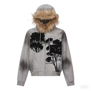 사용자 정의 하이 퀄리티 친환경 겨울 디자이너 집업 100% 면 프렌치 테리 대형 산성 세척 인조 모피 지퍼 까마귀 남성 - Product Image 1