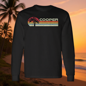 T-shirt a maniche lunghe Cooper Surname Vintage Sunset con palme, stile anni '80 e '90, per promozioni - Product Image 3